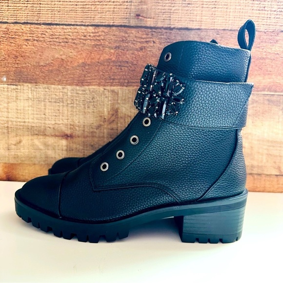 NWT Karl Lagerfeld Paris Women's Pippa Jeweled Pebbled Leather Lug/Combat Boots - Picture 3 of 8